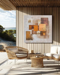 Textured Abstract Earthy Brown & Beige Square Art Print with Orange Geometric Shapes, Neutral Modern Wall Decor Poster Canvas