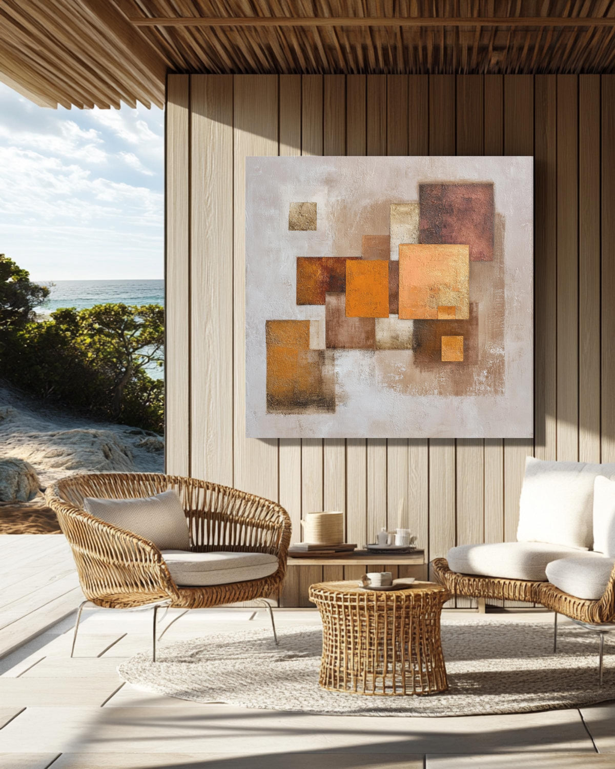 Textured Abstract Earthy Brown & Beige Square Art Print with Orange Geometric Shapes, Neutral Modern Wall Decor Poster Canvas