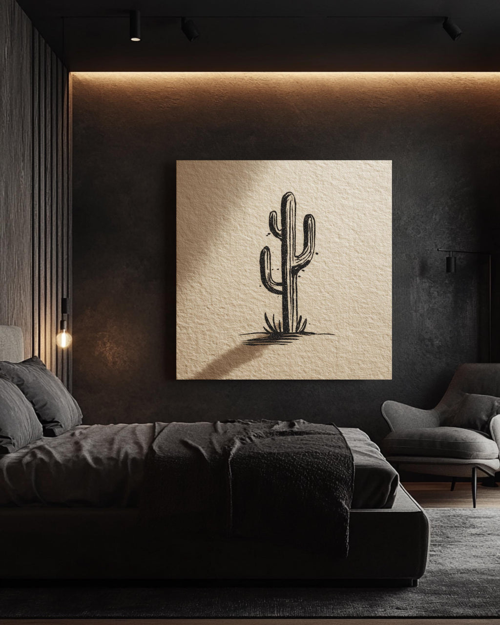 Minimalist Matisse-Style Cactus Line Drawing in Black Ink on Beige Paper & Soft Shadow, Modern Botanical Illustration Poster Canvas