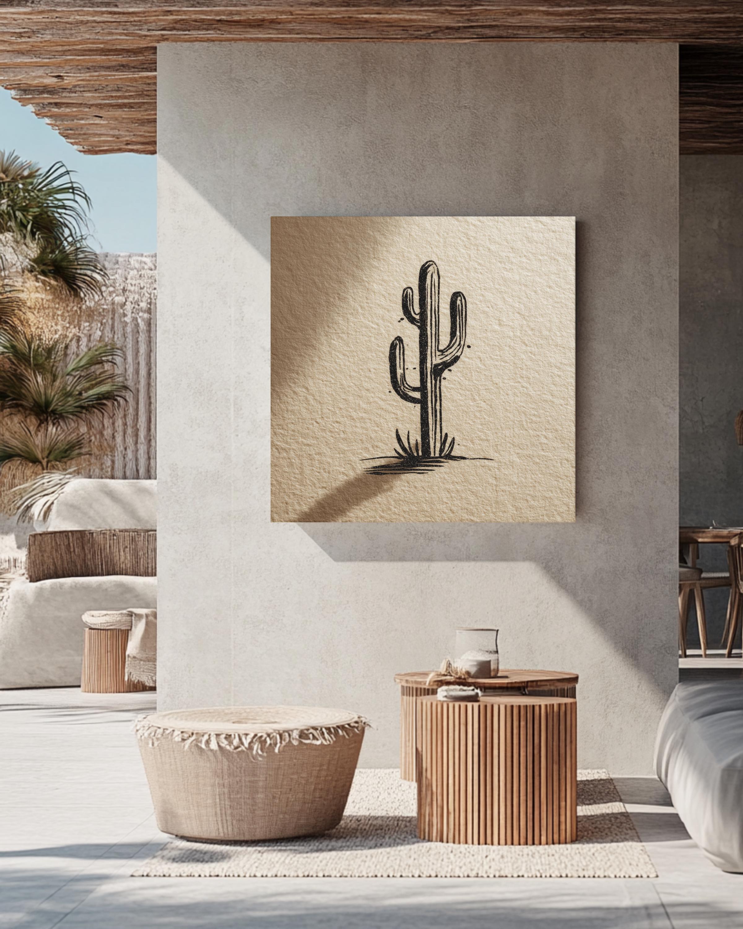 Minimalist Matisse-Style Cactus Line Drawing in Black Ink on Beige Paper & Soft Shadow, Modern Botanical Illustration Poster Canvas