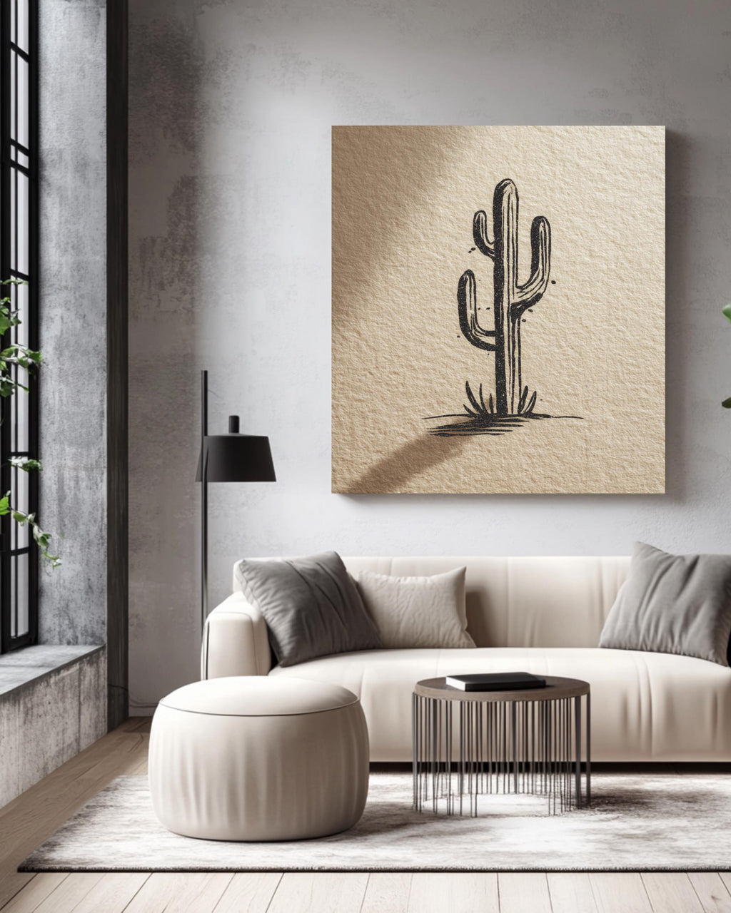 Minimalist Matisse-Style Cactus Line Drawing in Black Ink on Beige Paper & Soft Shadow, Modern Botanical Illustration Poster Canvas