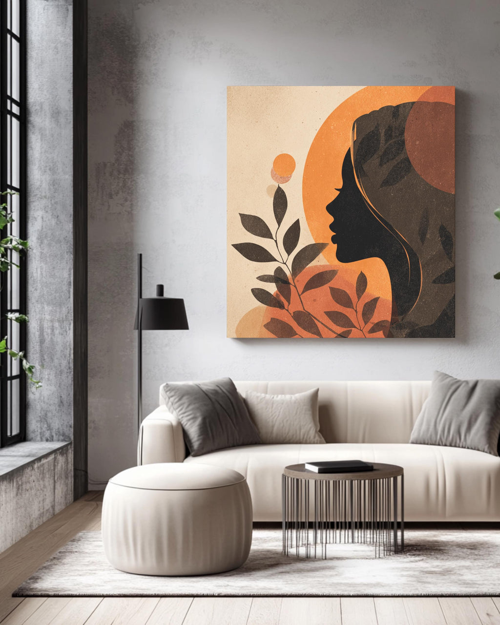 Boho Woman Profile Canvas Art, Olive Branch, Abstract Beige Tones