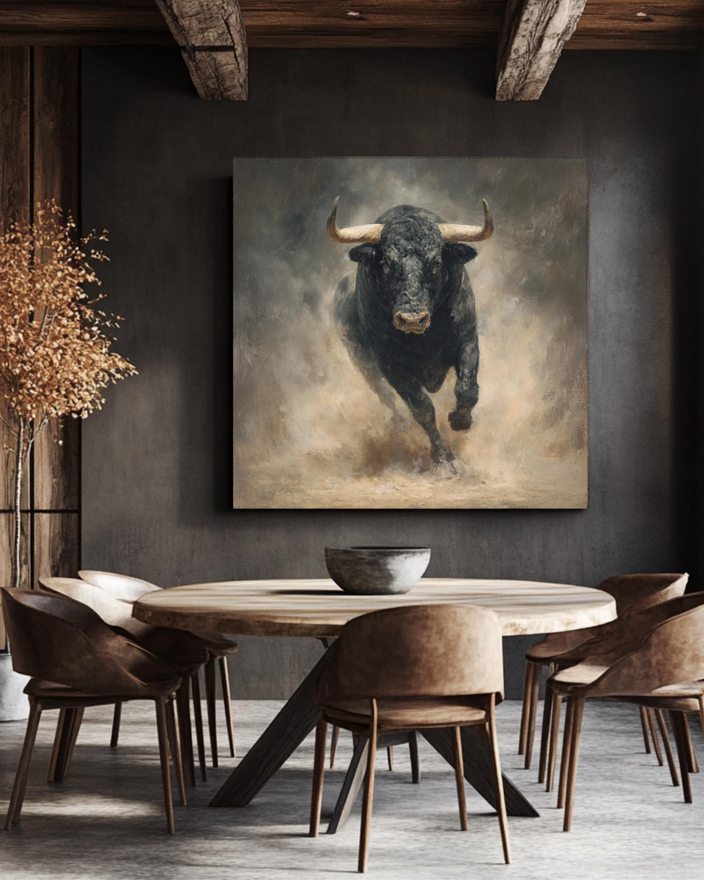 Black Bull Charging Oil Painting, Hyper-Realistic Animal Wall Art