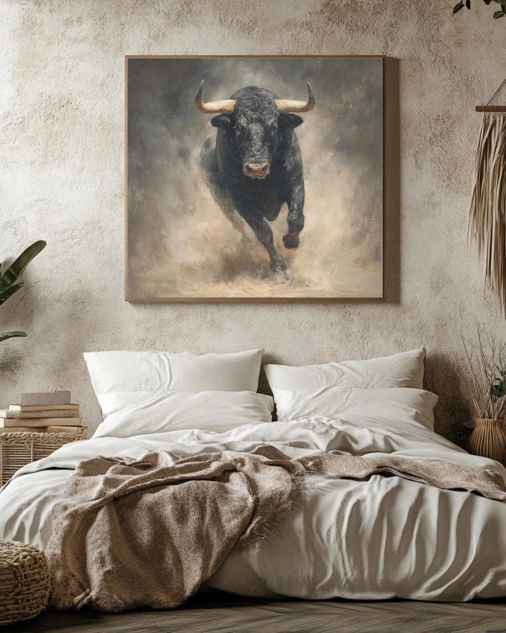Black Bull Charging Oil Painting, Hyper-Realistic Animal Wall Art
