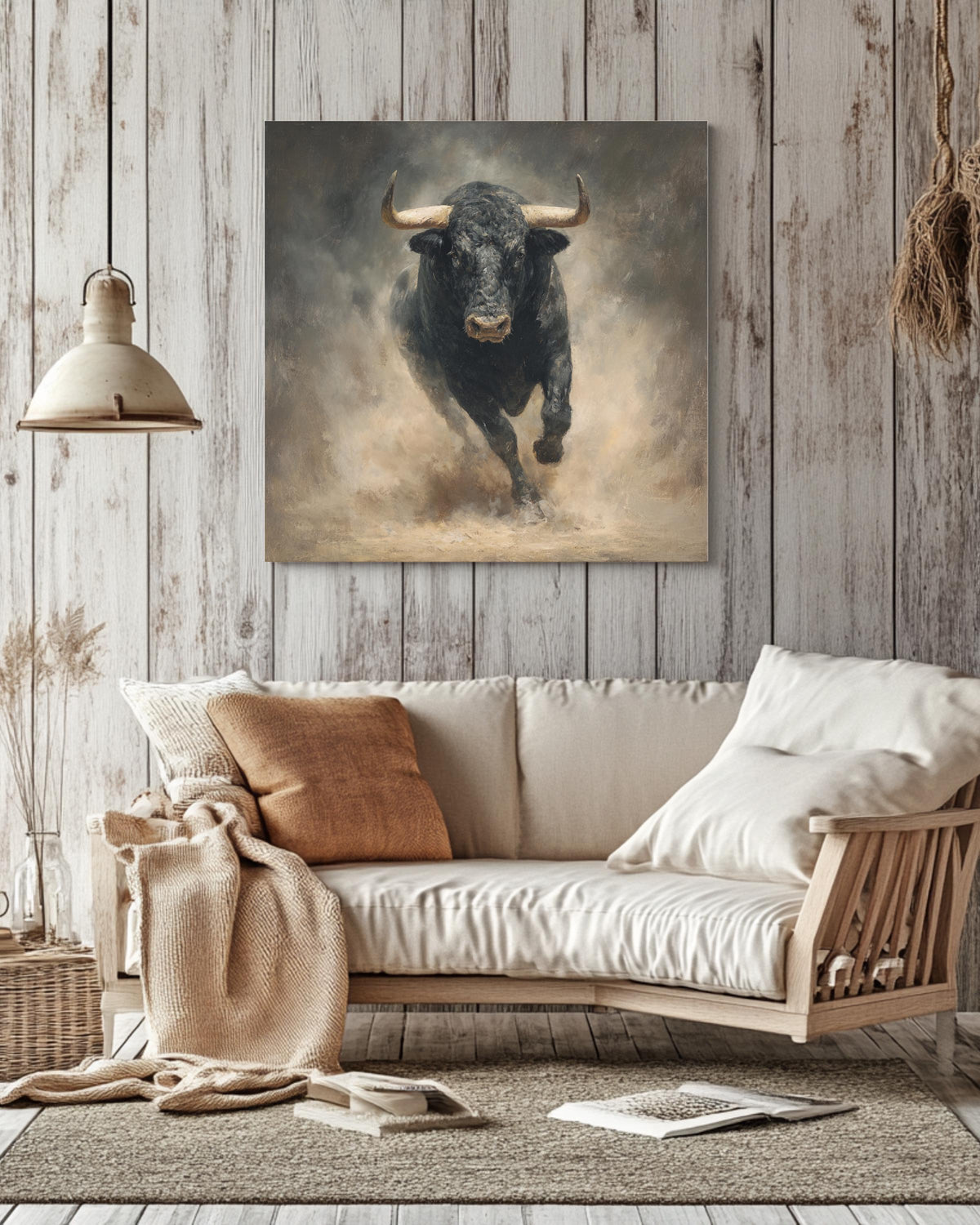 Black Bull Charging Oil Painting, Hyper-Realistic Animal Wall Art