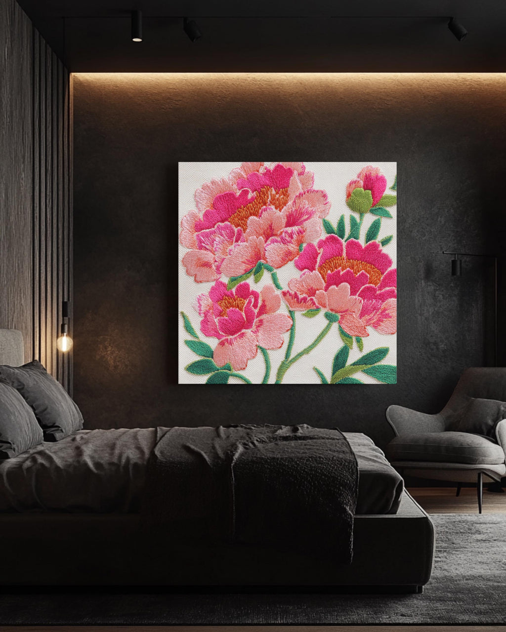 Pink Peonies Floral Canvas, Elegant Embroidered Style Wall Art