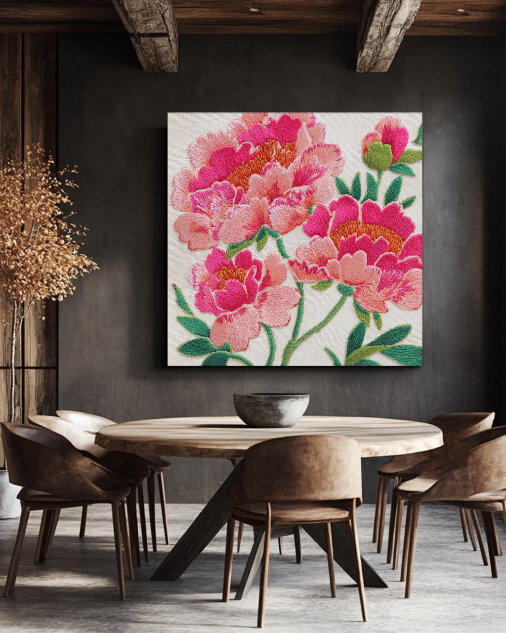 Pink Peonies Floral Canvas, Elegant Embroidered Style Wall Art