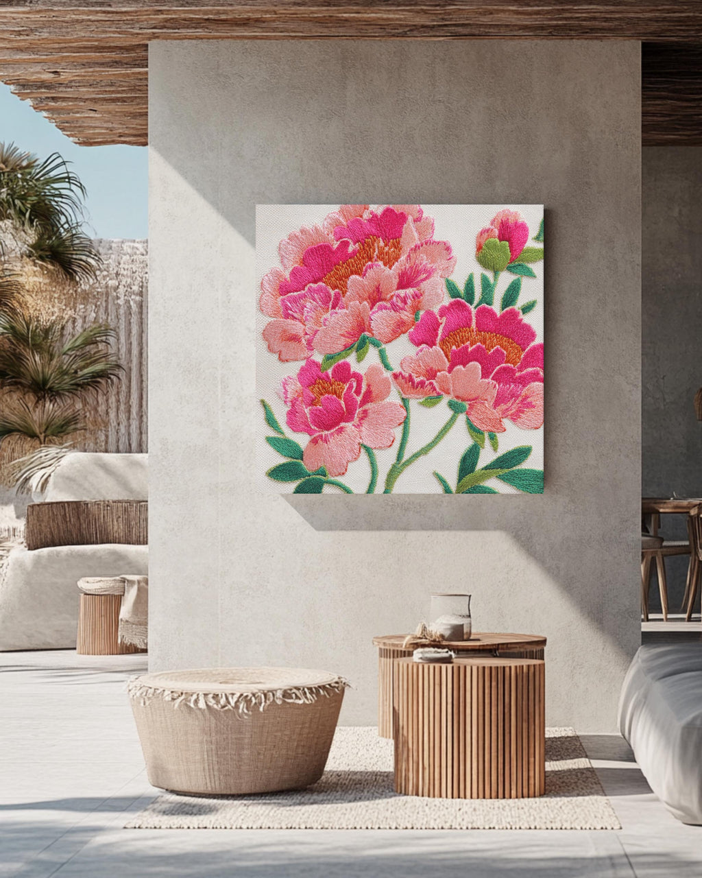 Pink Peonies Floral Canvas, Elegant Embroidered Style Wall Art