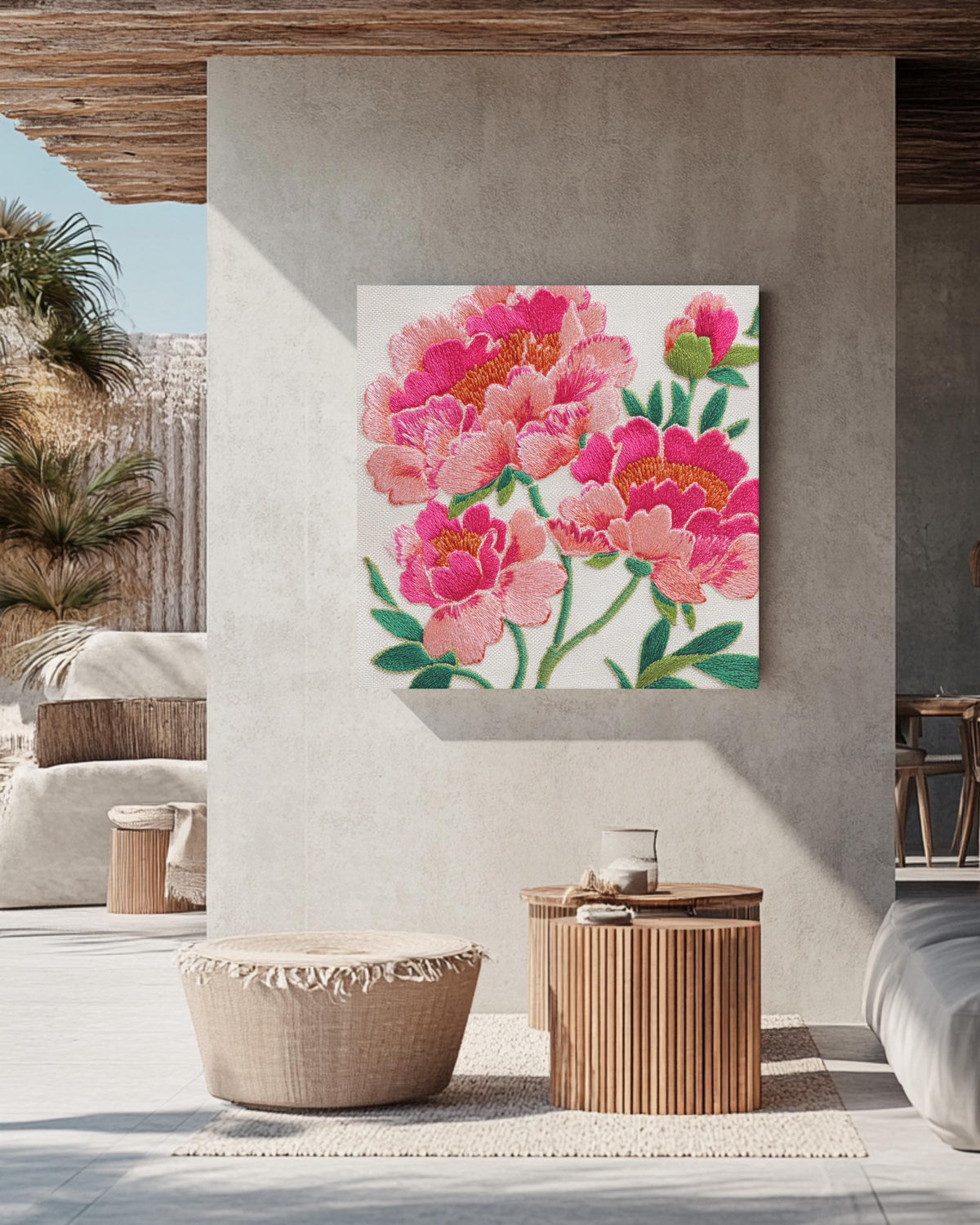 Pink Peonies Floral Canvas, Elegant Embroidered Style Wall Art