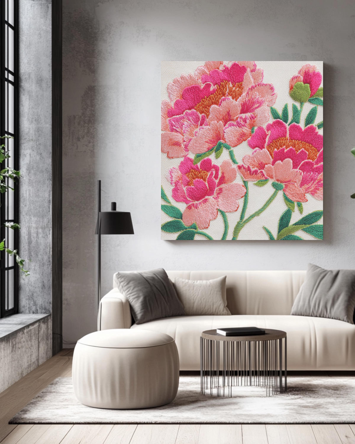 Pink Peonies Floral Canvas, Elegant Embroidered Style Wall Art