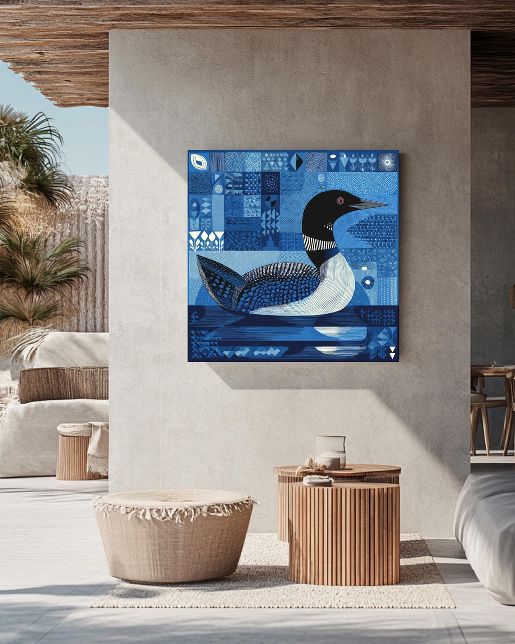 Bob Staake Style Loon Canvas, Light Blue Minimalist Bird Art
