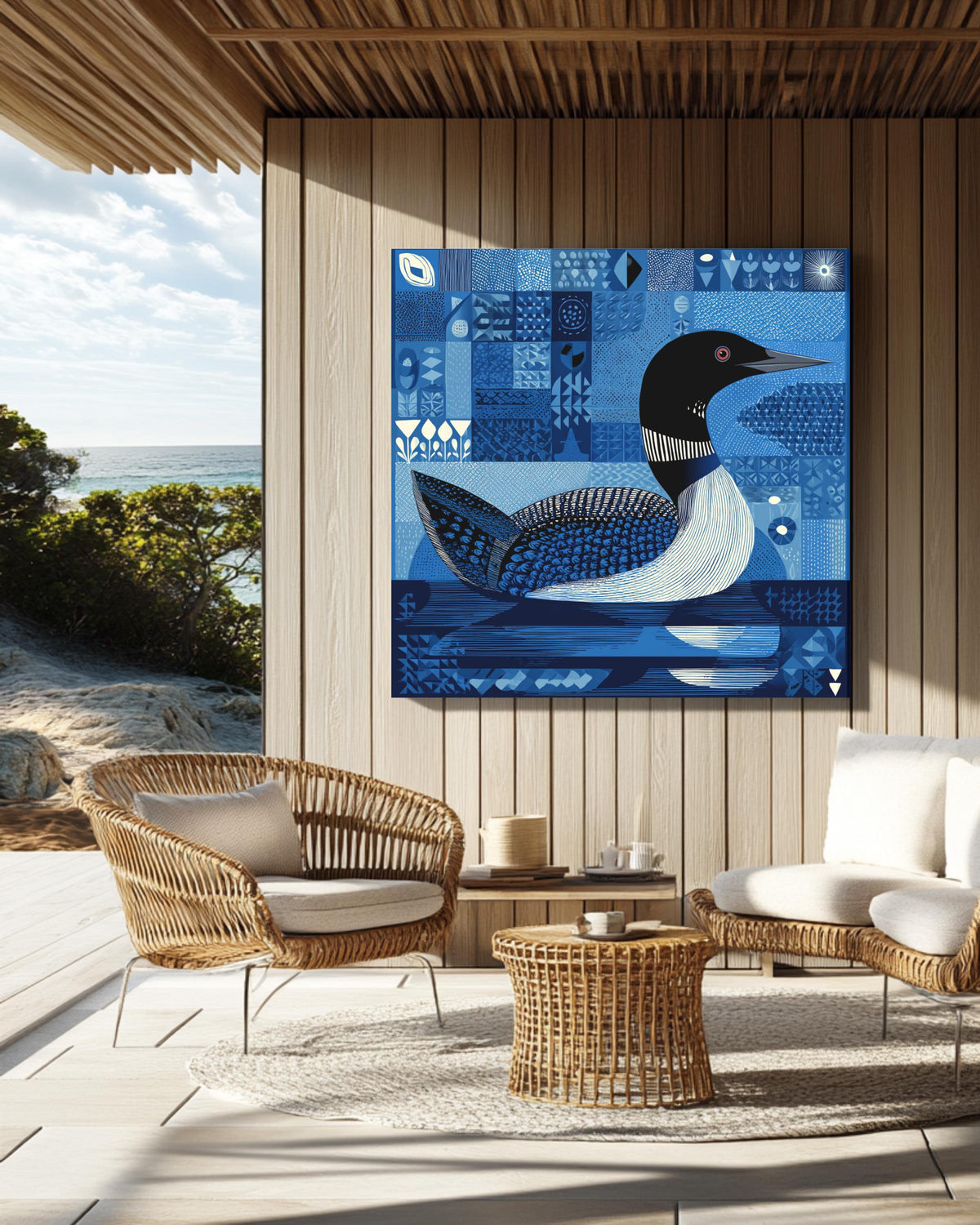 Bob Staake Style Loon Canvas, Light Blue Minimalist Bird Art