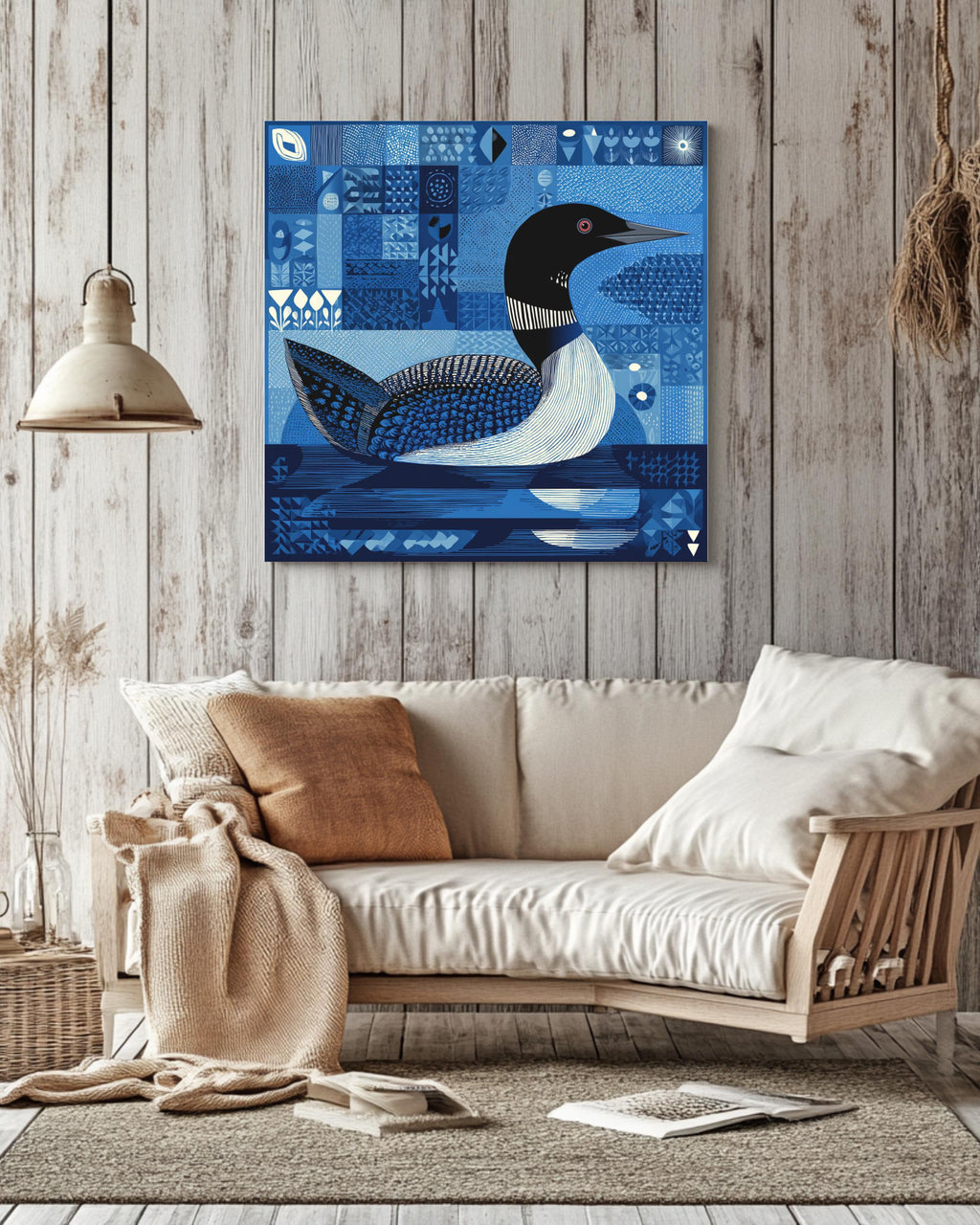 Bob Staake Style Loon Canvas, Light Blue Minimalist Bird Art
