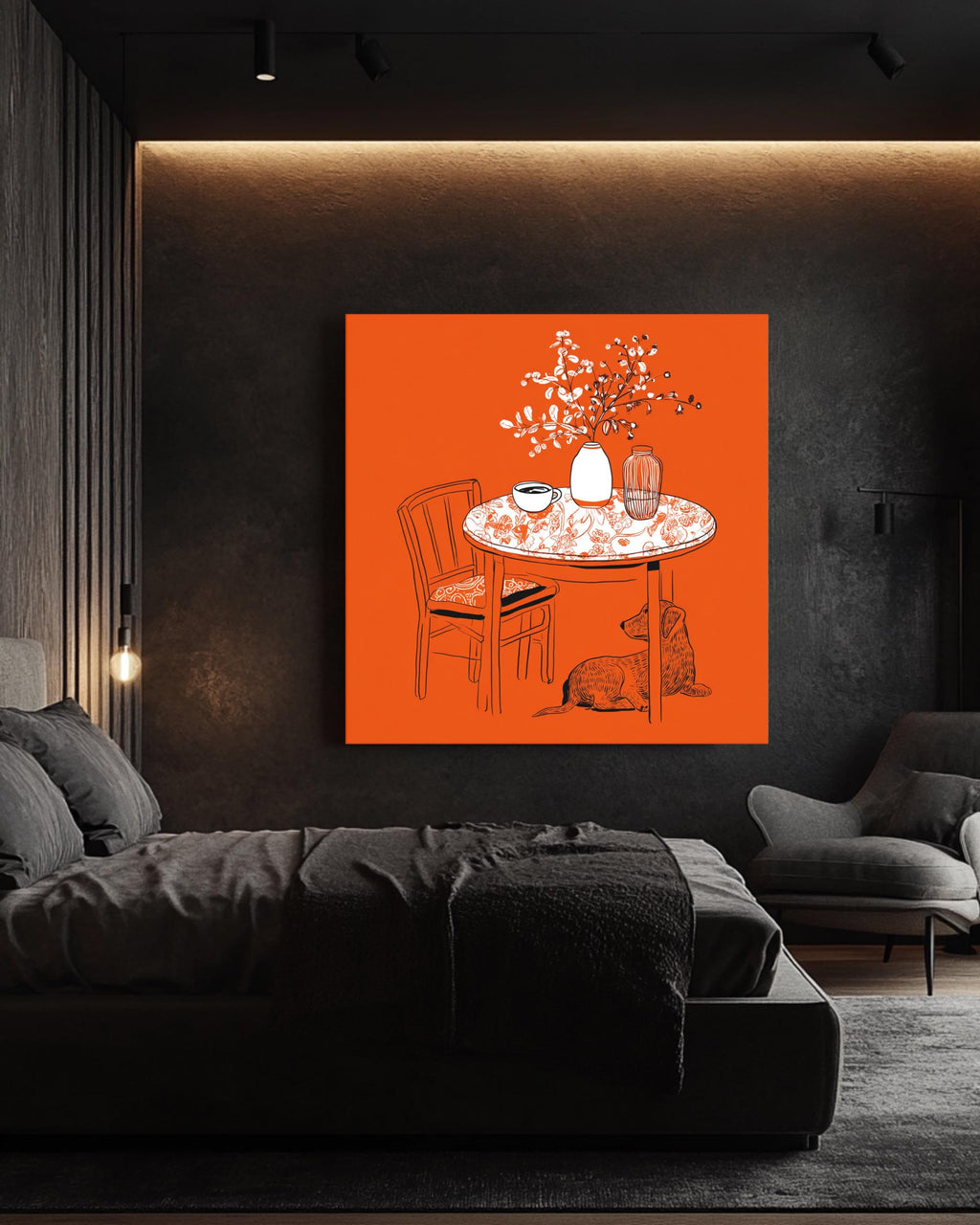 Minimalist Line Drawing of Table with Coffee Cup, Vase, and Dog-Print Pattern, Modern Simple Home Decor Illustration Poster Canvas