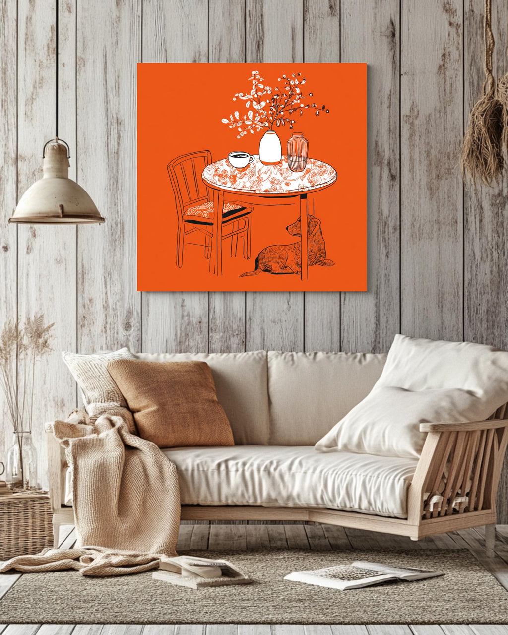 Minimalist Line Drawing of Table with Coffee Cup, Vase, and Dog-Print Pattern, Modern Simple Home Decor Illustration Poster Canvas