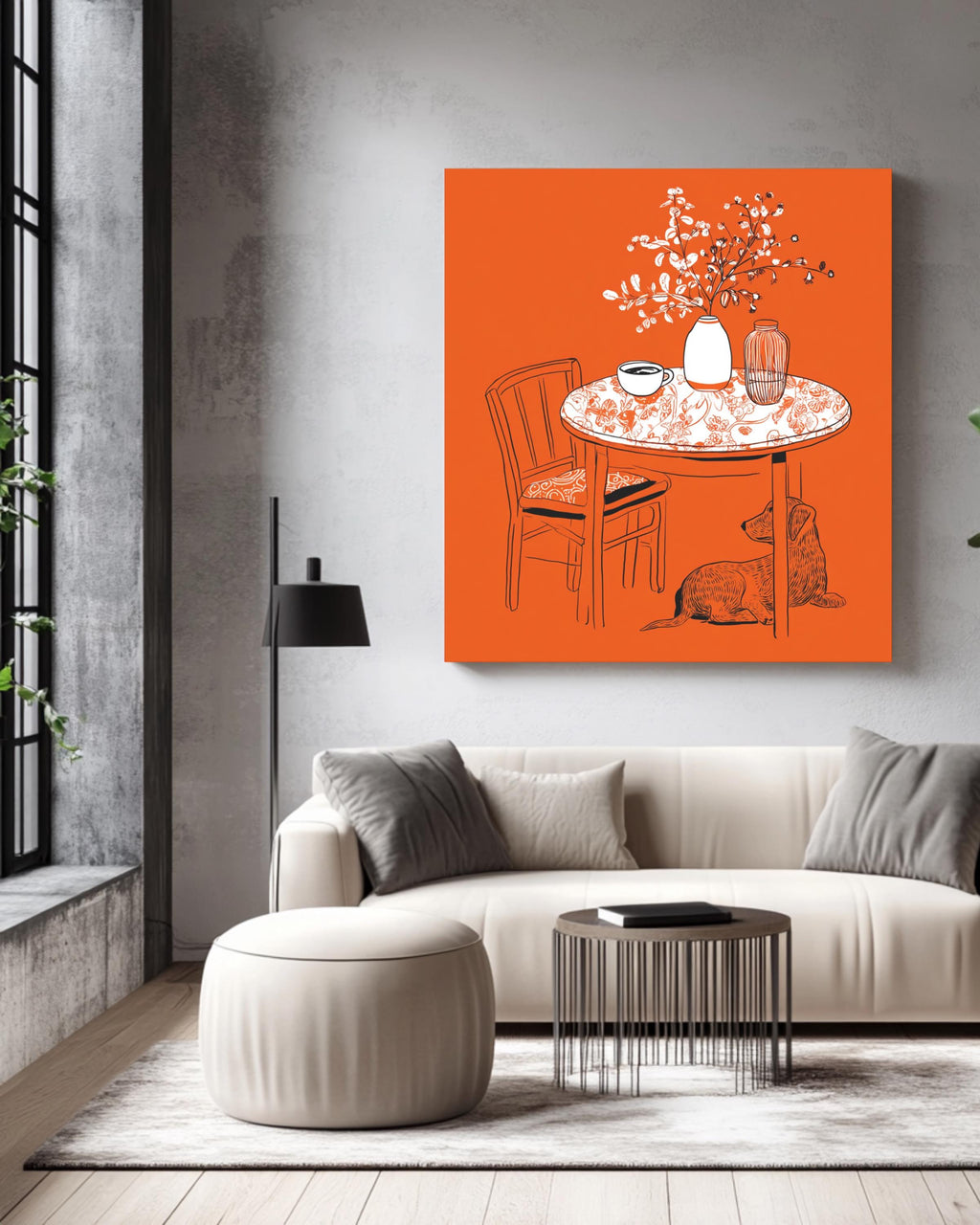 Minimalist Line Drawing of Table with Coffee Cup, Vase, and Dog-Print Pattern, Modern Simple Home Decor Illustration Poster Canvas