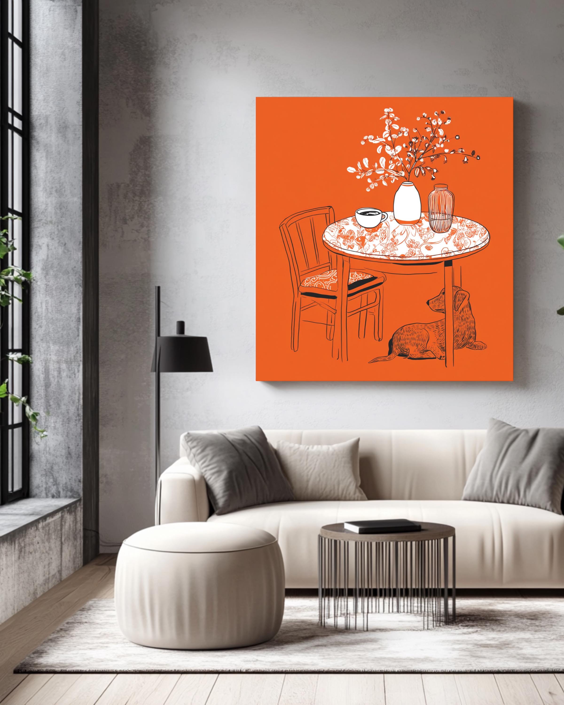 Minimalist Line Drawing of Table with Coffee Cup, Vase, and Dog-Print Pattern, Modern Simple Home Decor Illustration Poster Canvas