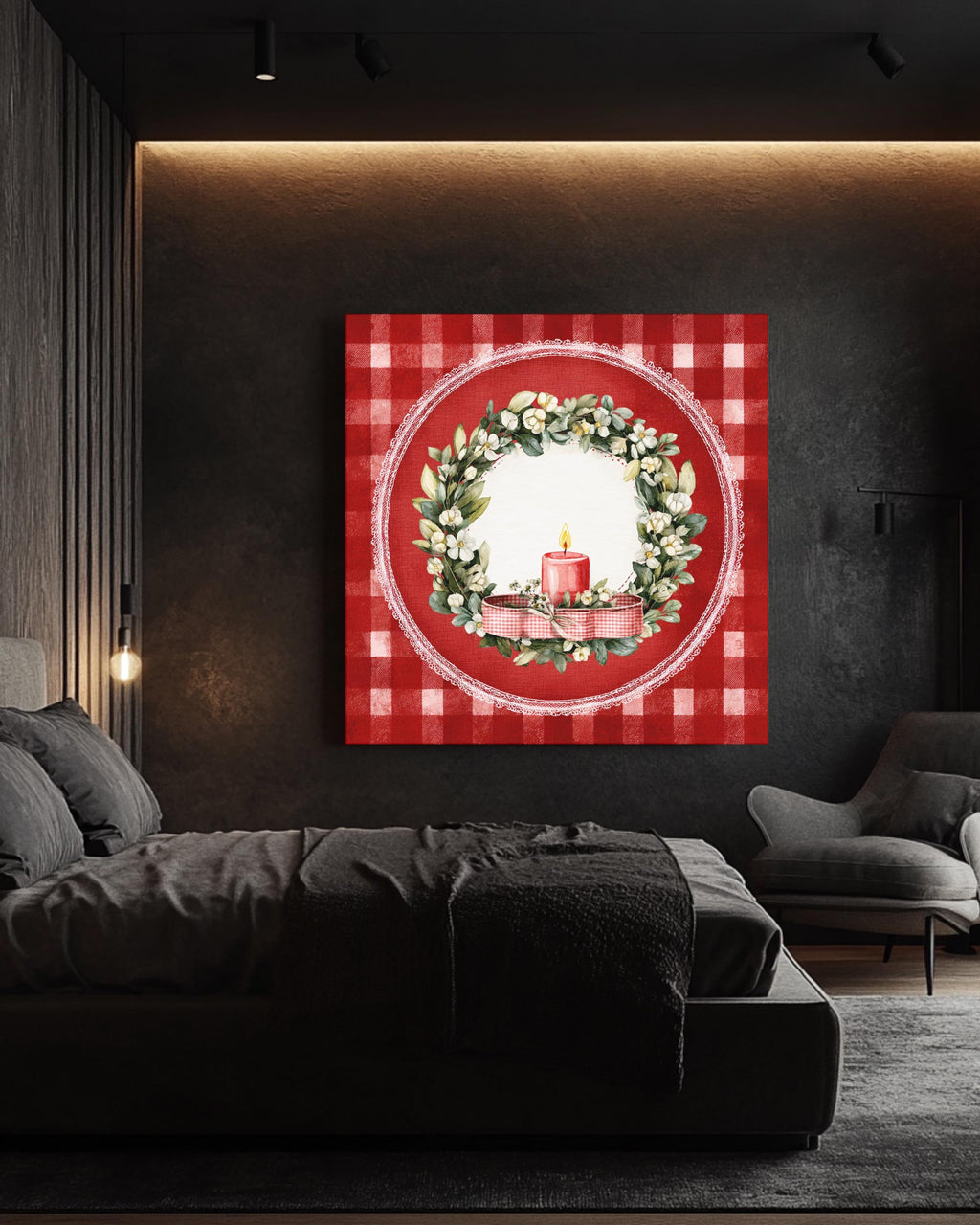 Vintage Christmas Wreath Canvas, Candle Ribbon, Holiday Illustration
