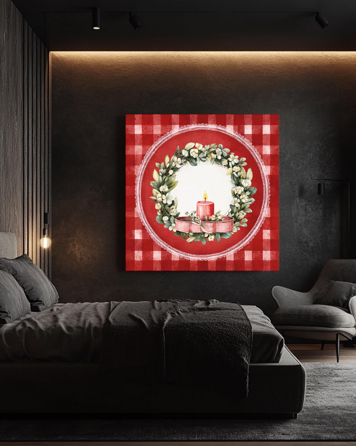 Vintage Christmas Wreath Canvas, Candle Ribbon, Holiday Illustration