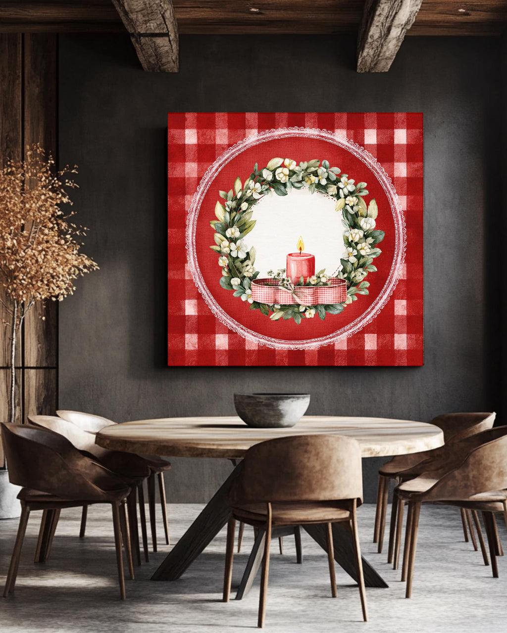Vintage Christmas Wreath Canvas, Candle Ribbon, Holiday Illustration