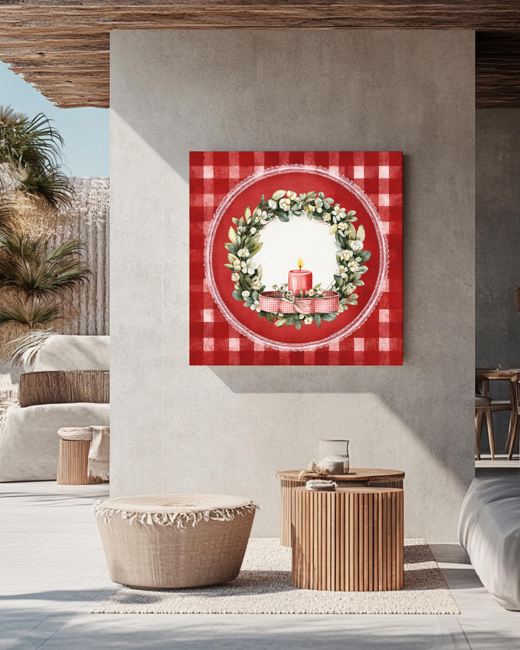 Vintage Christmas Wreath Canvas, Candle Ribbon, Holiday Illustration