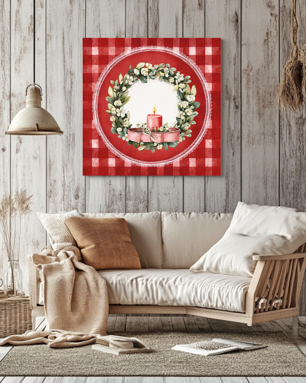 Vintage Christmas Wreath Canvas, Candle Ribbon, Holiday Illustration