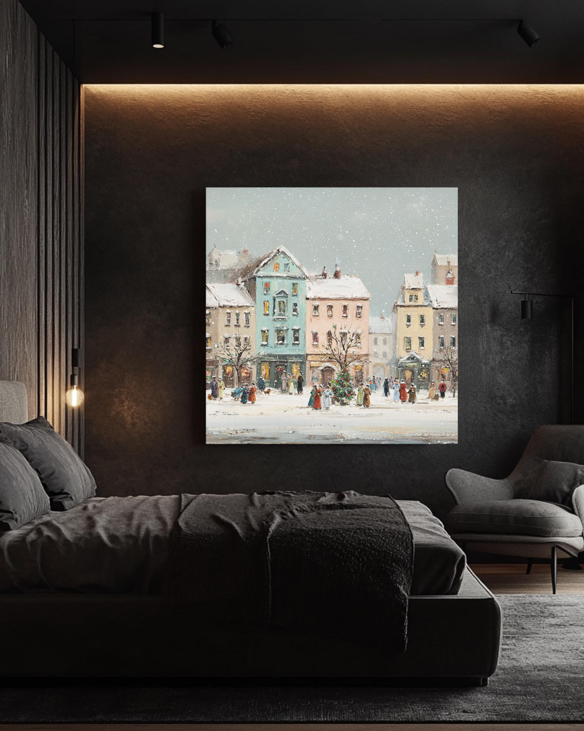 Victorian Christmas Town Canvas Painting, Festive Buildings, Holiday Wall Art