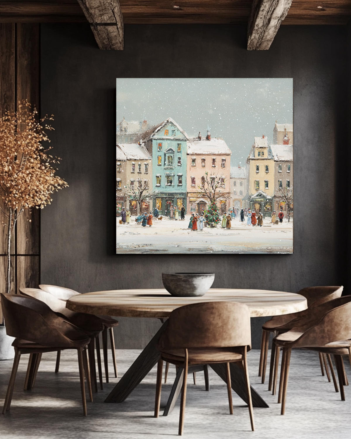 Victorian Christmas Town Canvas Painting, Festive Buildings, Holiday Wall Art