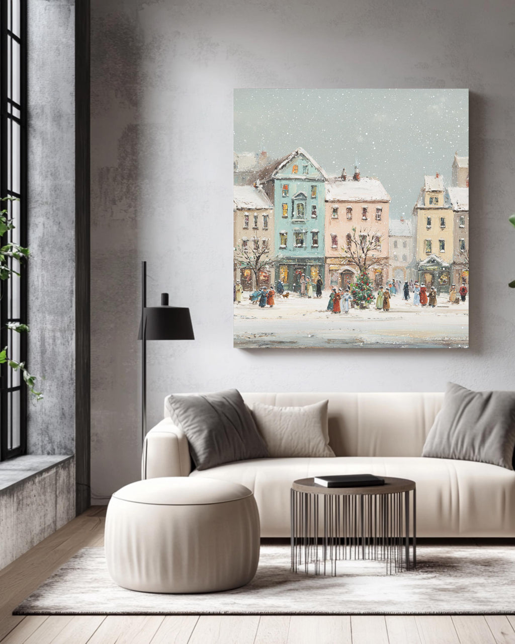 Victorian Christmas Town Canvas Painting, Festive Buildings, Holiday Wall Art