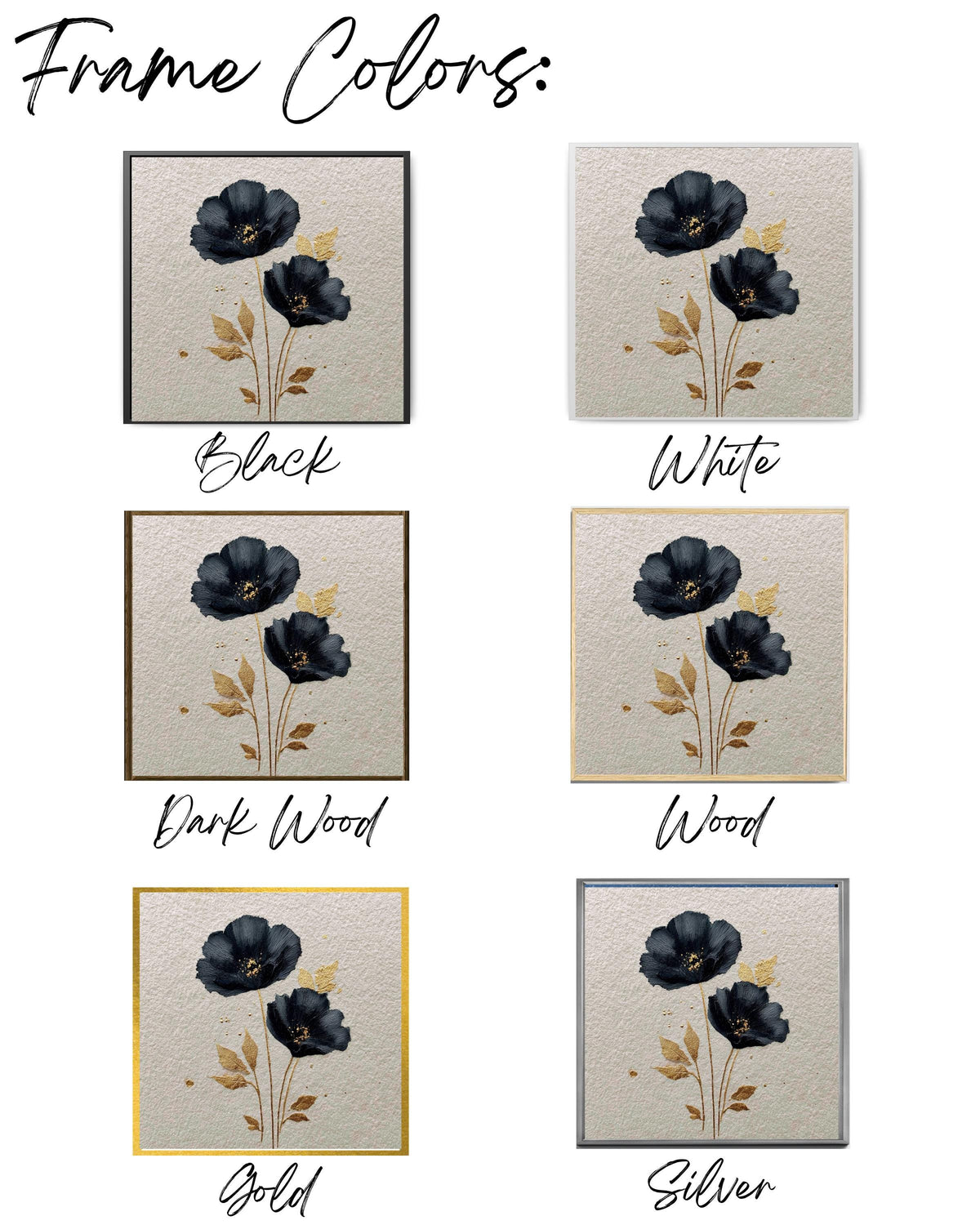 Black Poppy Flower Canvas Art, Golden Details, Modern Botanical Wall Decor