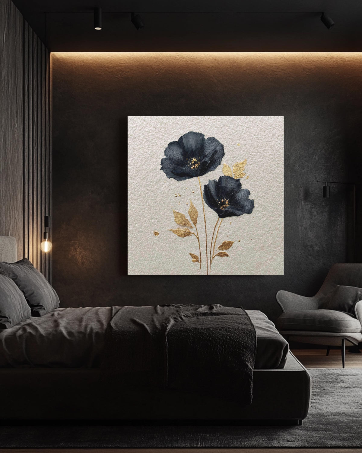Black Poppy Flower Canvas Art, Golden Details, Modern Botanical Wall Decor