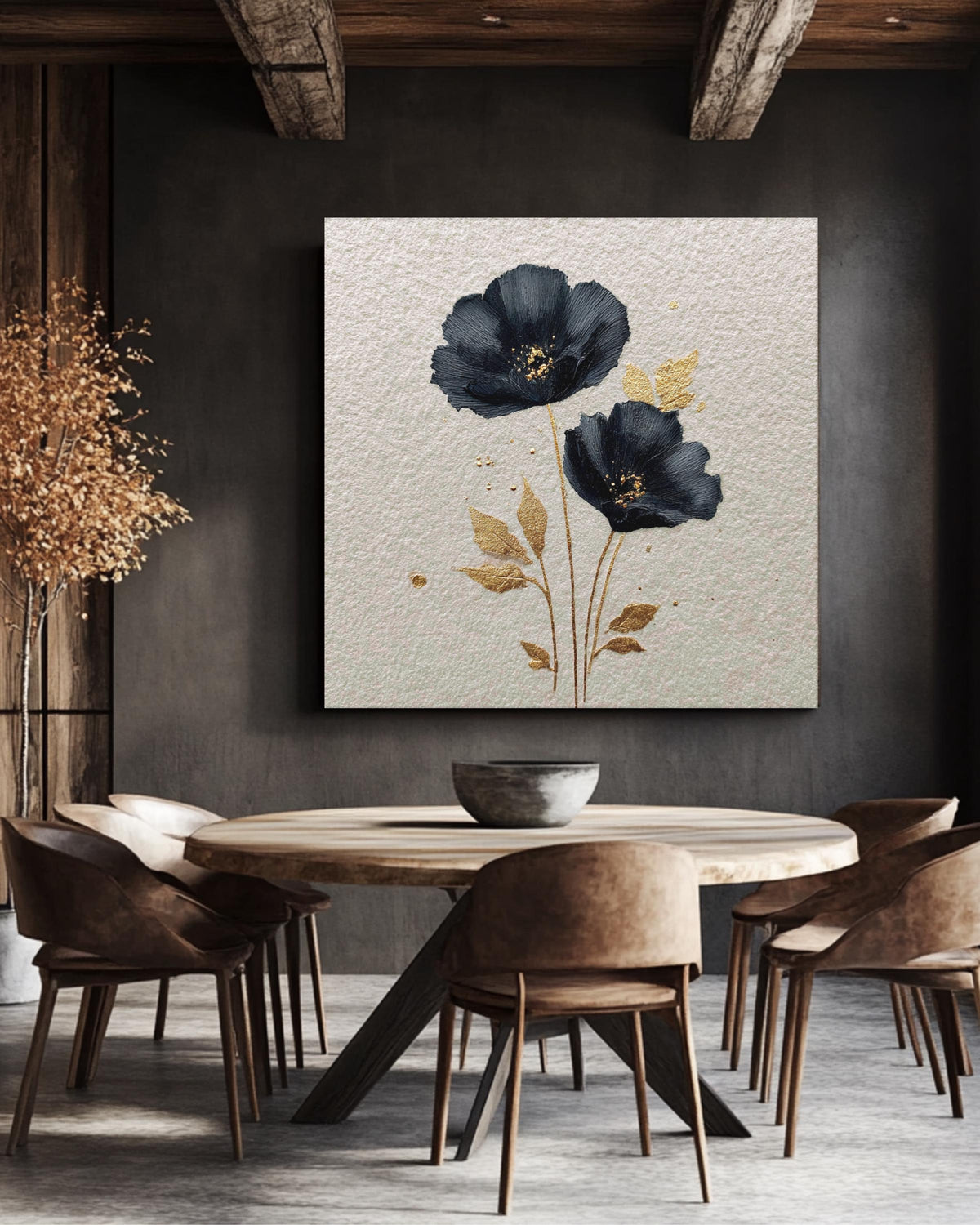 Black Poppy Flower Canvas Art, Golden Details, Modern Botanical Wall Decor