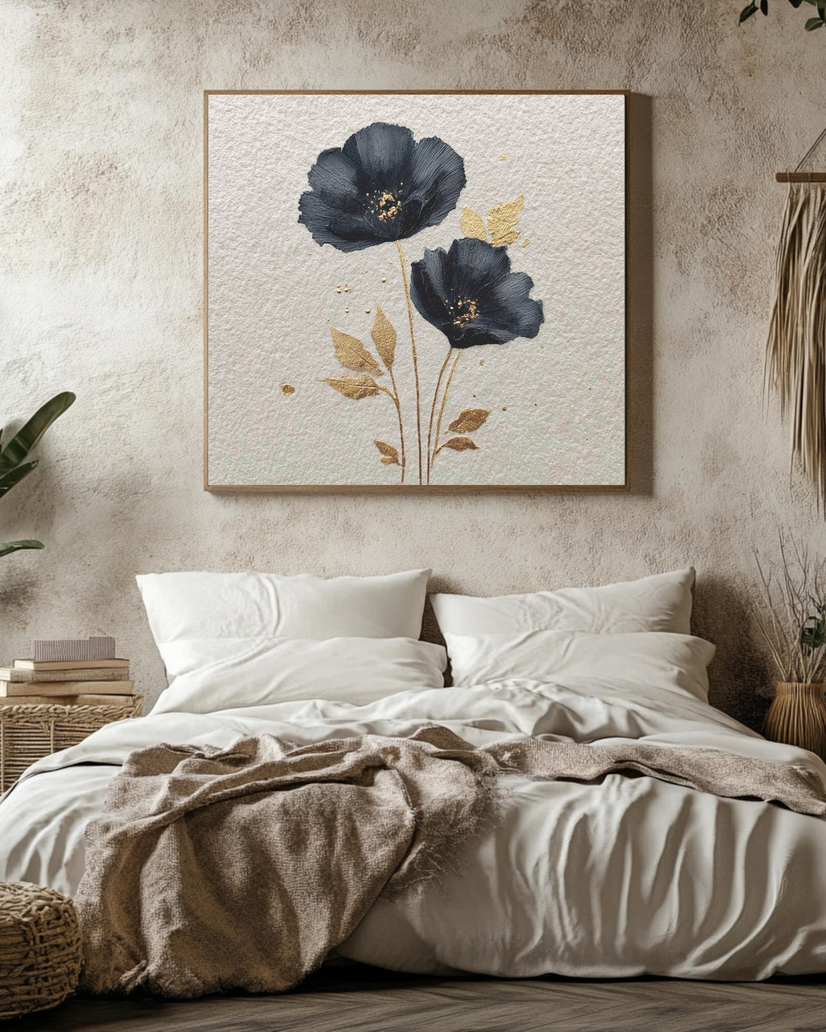 Black Poppy Flower Canvas Art, Golden Details, Modern Botanical Wall Decor