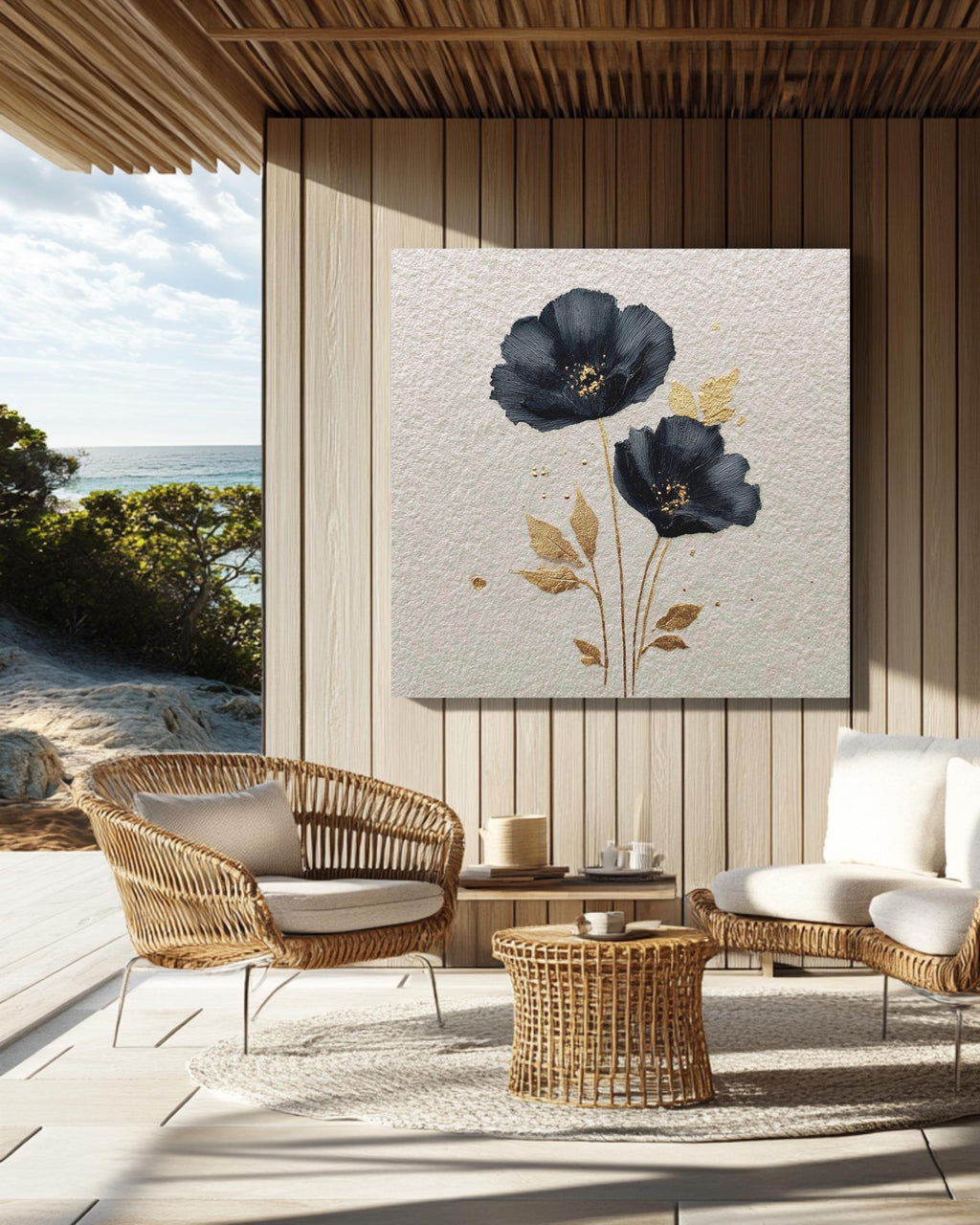 Black Poppy Flower Canvas Art, Golden Details, Modern Botanical Wall Decor