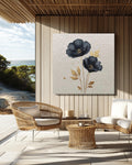 Black Poppy Flower Canvas Art, Golden Details, Modern Botanical Wall Decor