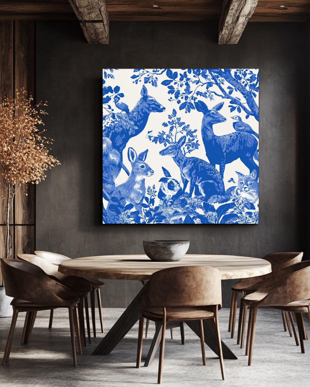 Indigo Blue Forest Animals Woodblock Print, Wildlife Illustration