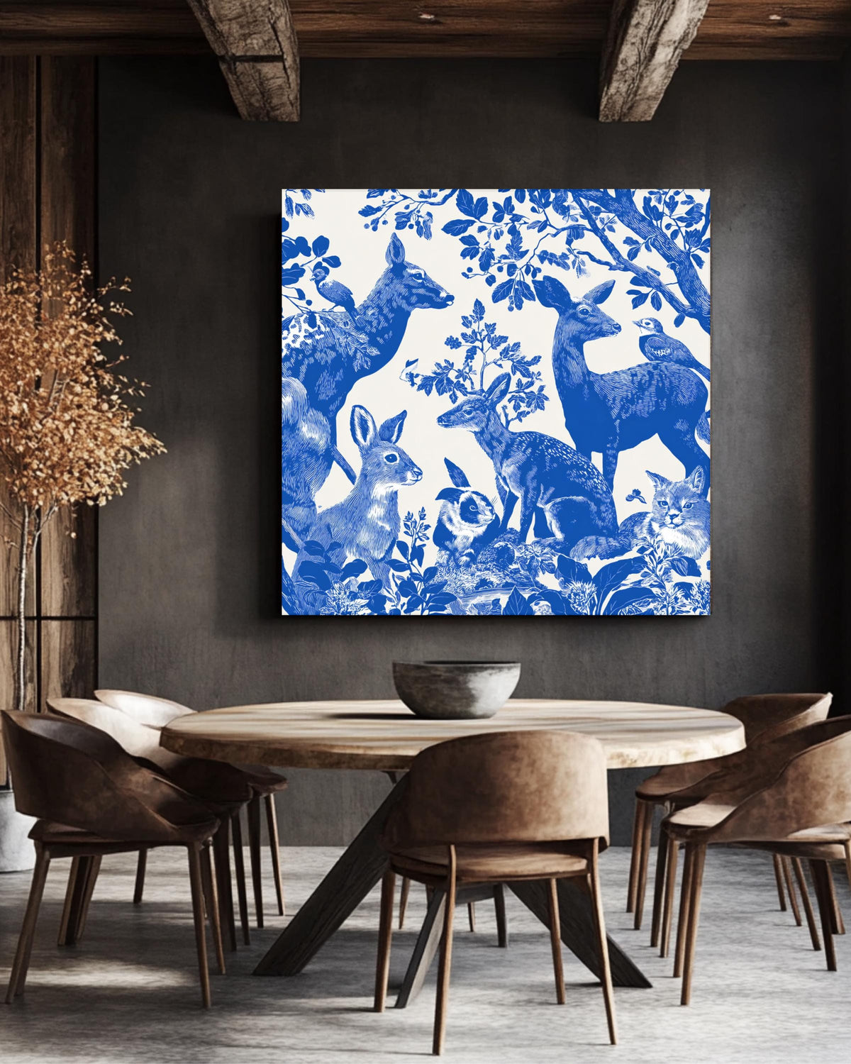 Indigo Blue Forest Animals Woodblock Print, Wildlife Illustration