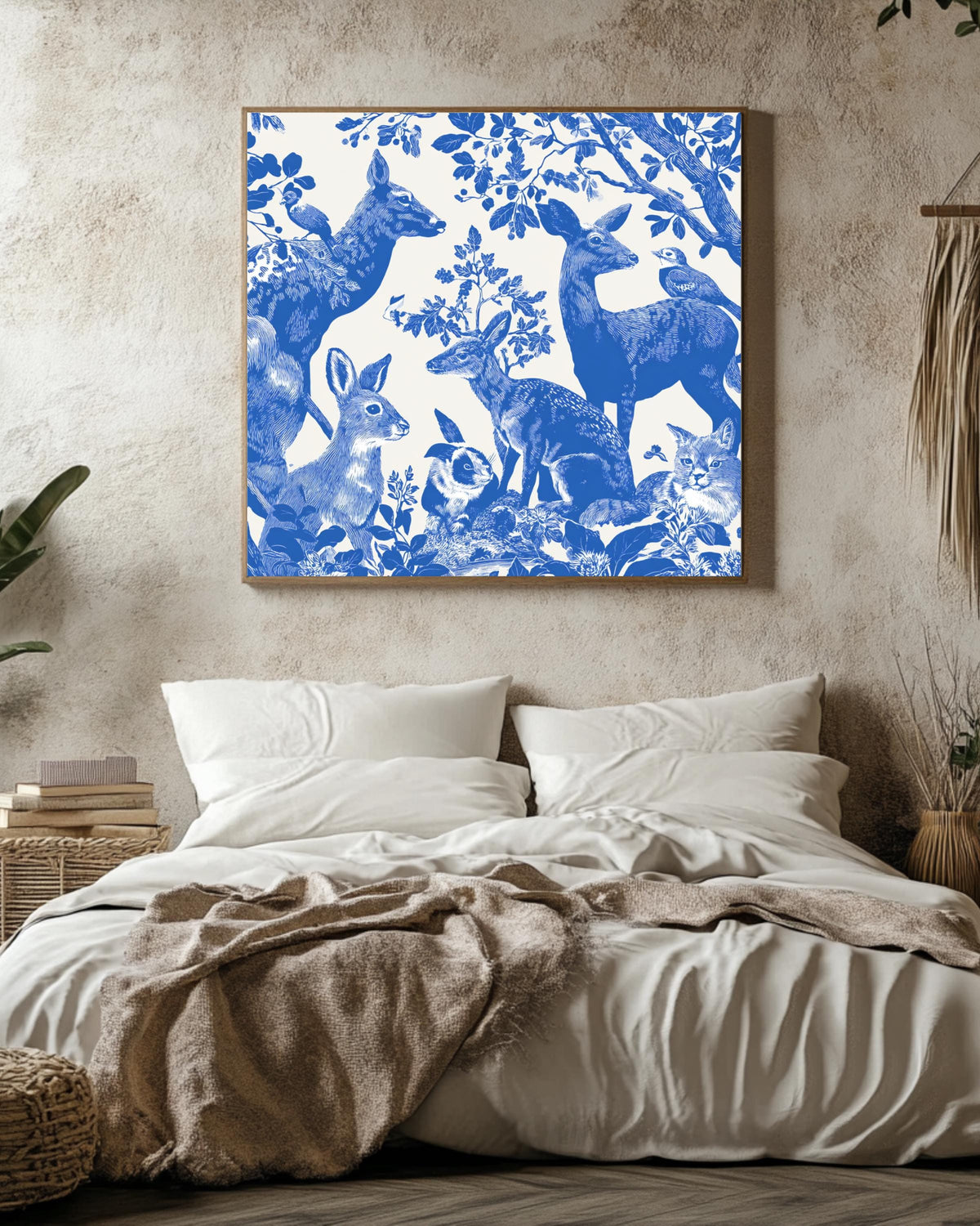Indigo Blue Forest Animals Woodblock Print, Wildlife Illustration