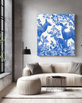 Indigo Blue Forest Animals Woodblock Print, Wildlife Illustration