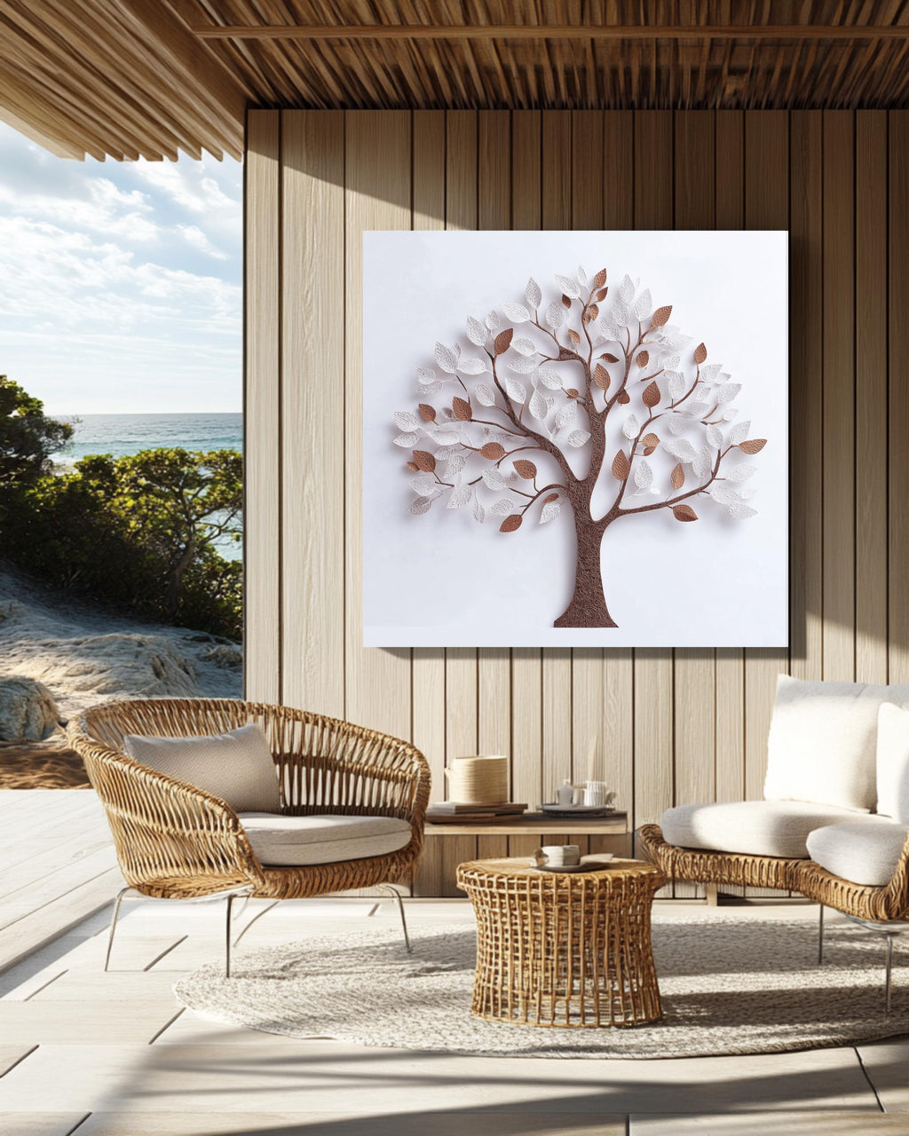 3D White Tree Wall Art with Paper Leaves and Brown Trunk, Minimalist Elegant Design, Modern Botanical Home Decor Poster Canvas