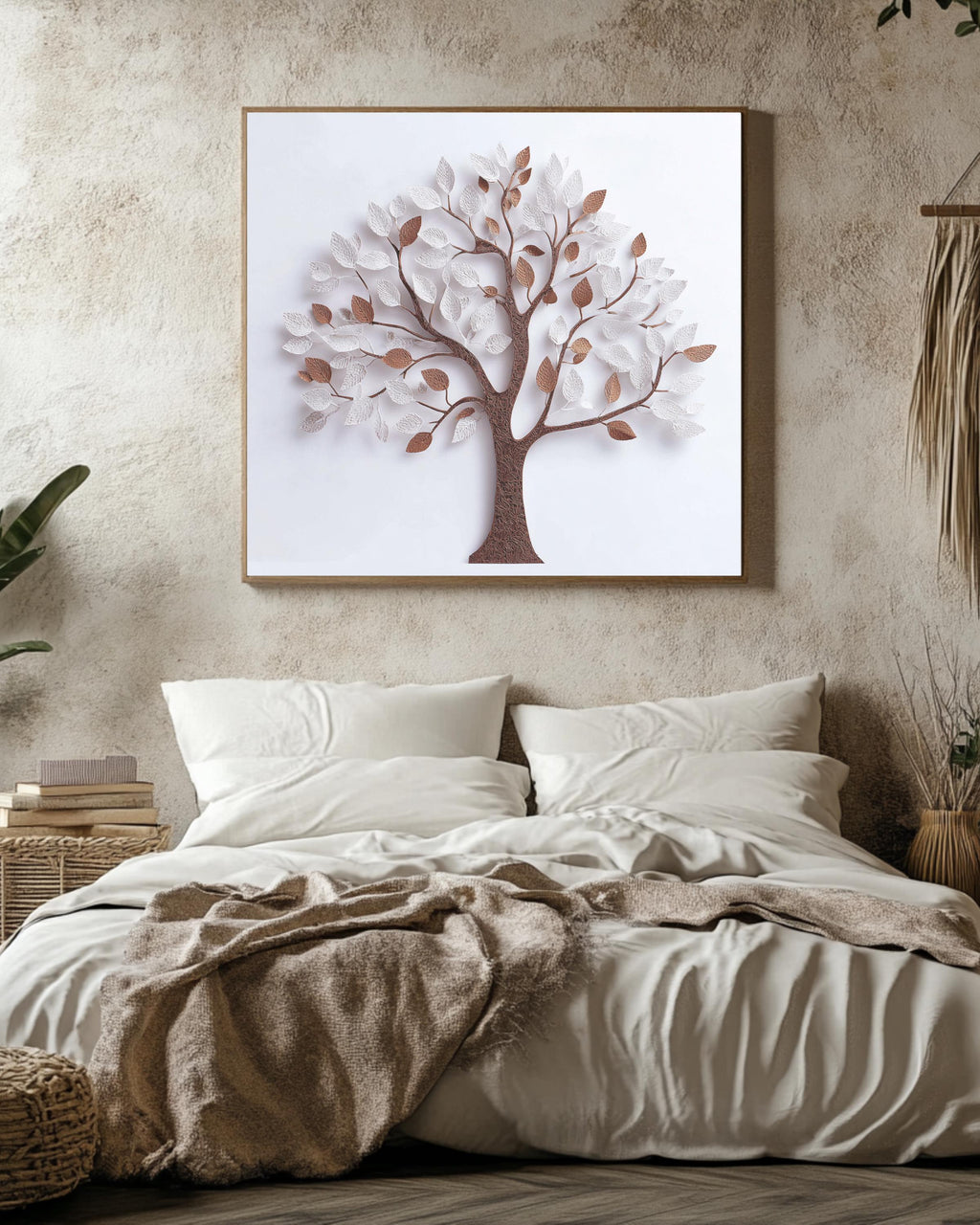3D White Tree Wall Art with Paper Leaves and Brown Trunk, Minimalist Elegant Design, Modern Botanical Home Decor Poster Canvas