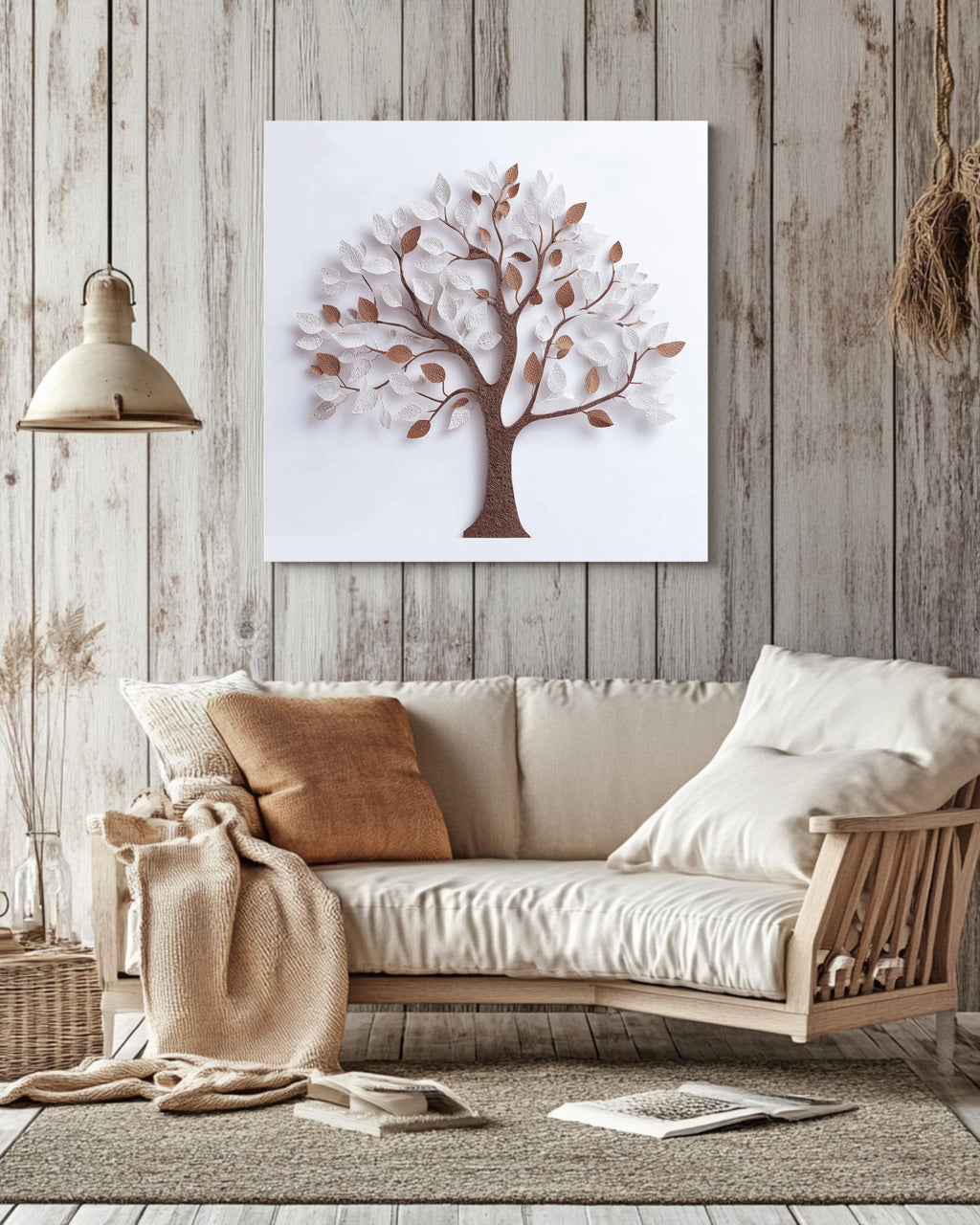 3D White Tree Wall Art with Paper Leaves and Brown Trunk, Minimalist Elegant Design, Modern Botanical Home Decor Poster Canvas