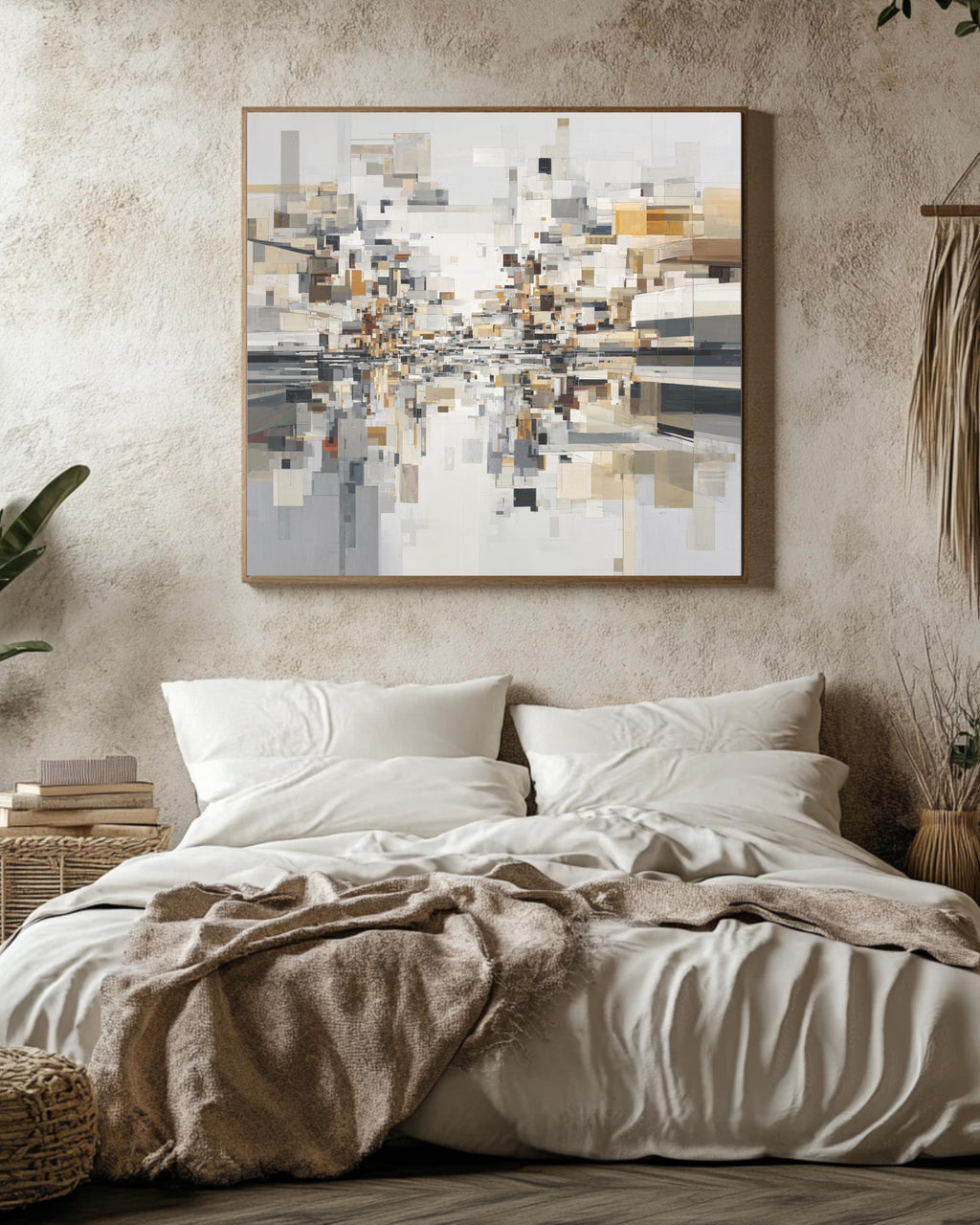 Modern Abstract Cityscape Canvas Art, Geometric Shapes, Minimalist Urban Decor