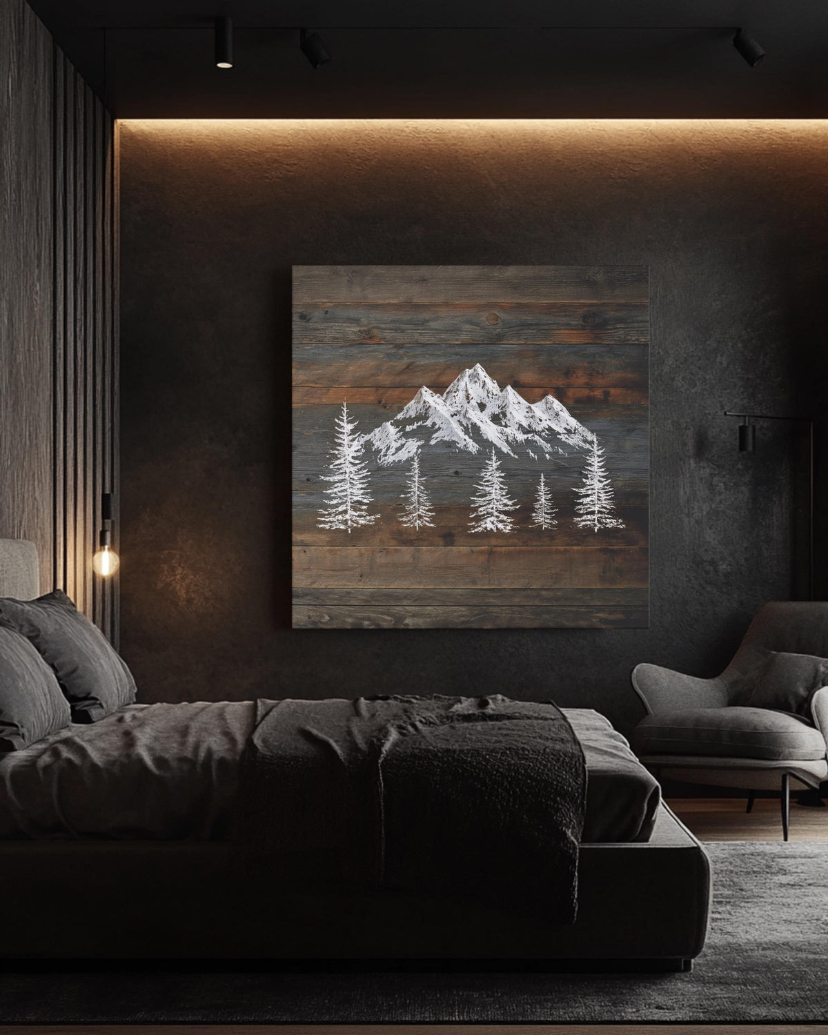 Rustic Mountain Wall Art, Snowy Peaks on Dark Wood