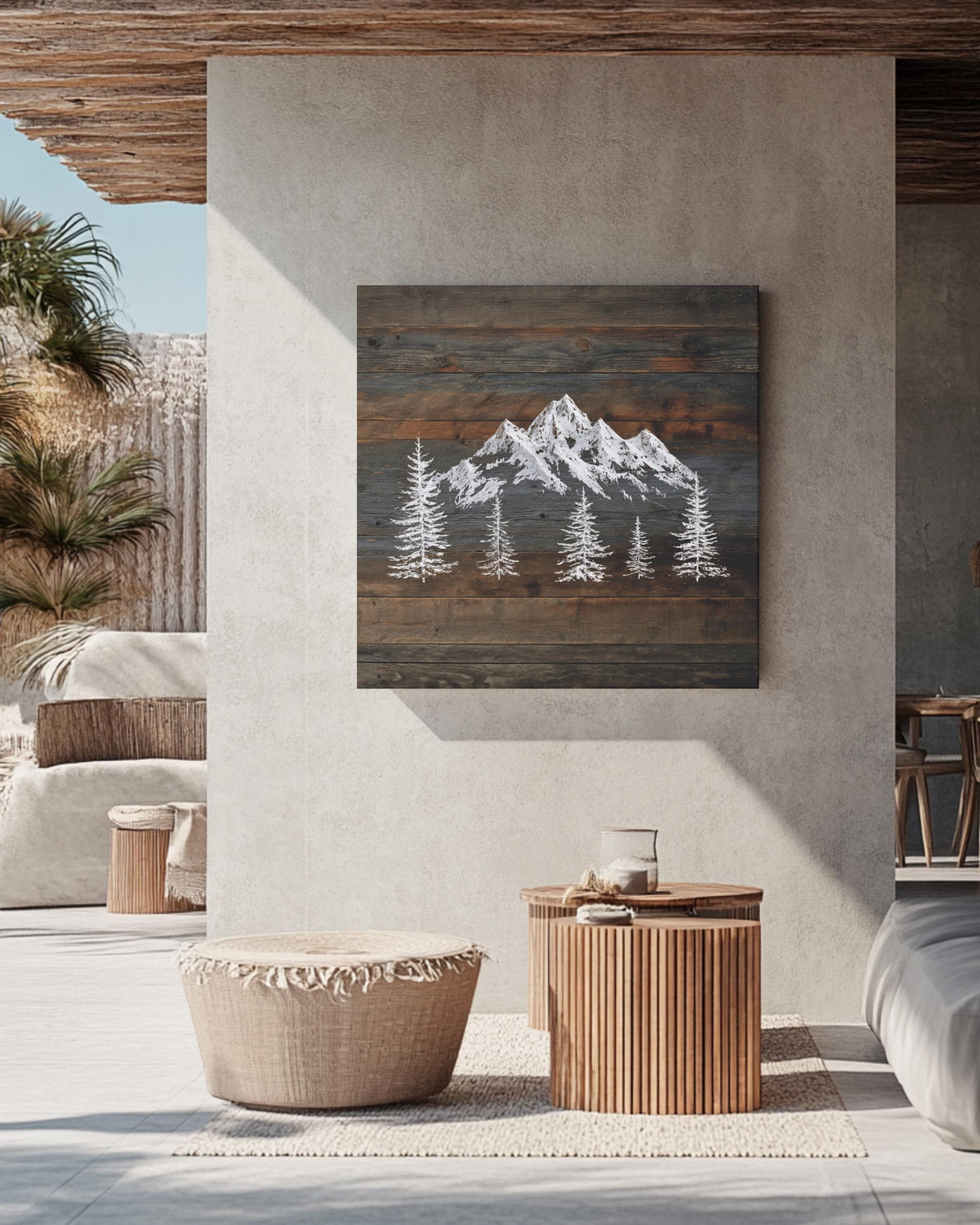 Rustic Mountain Wall Art, Snowy Peaks on Dark Wood