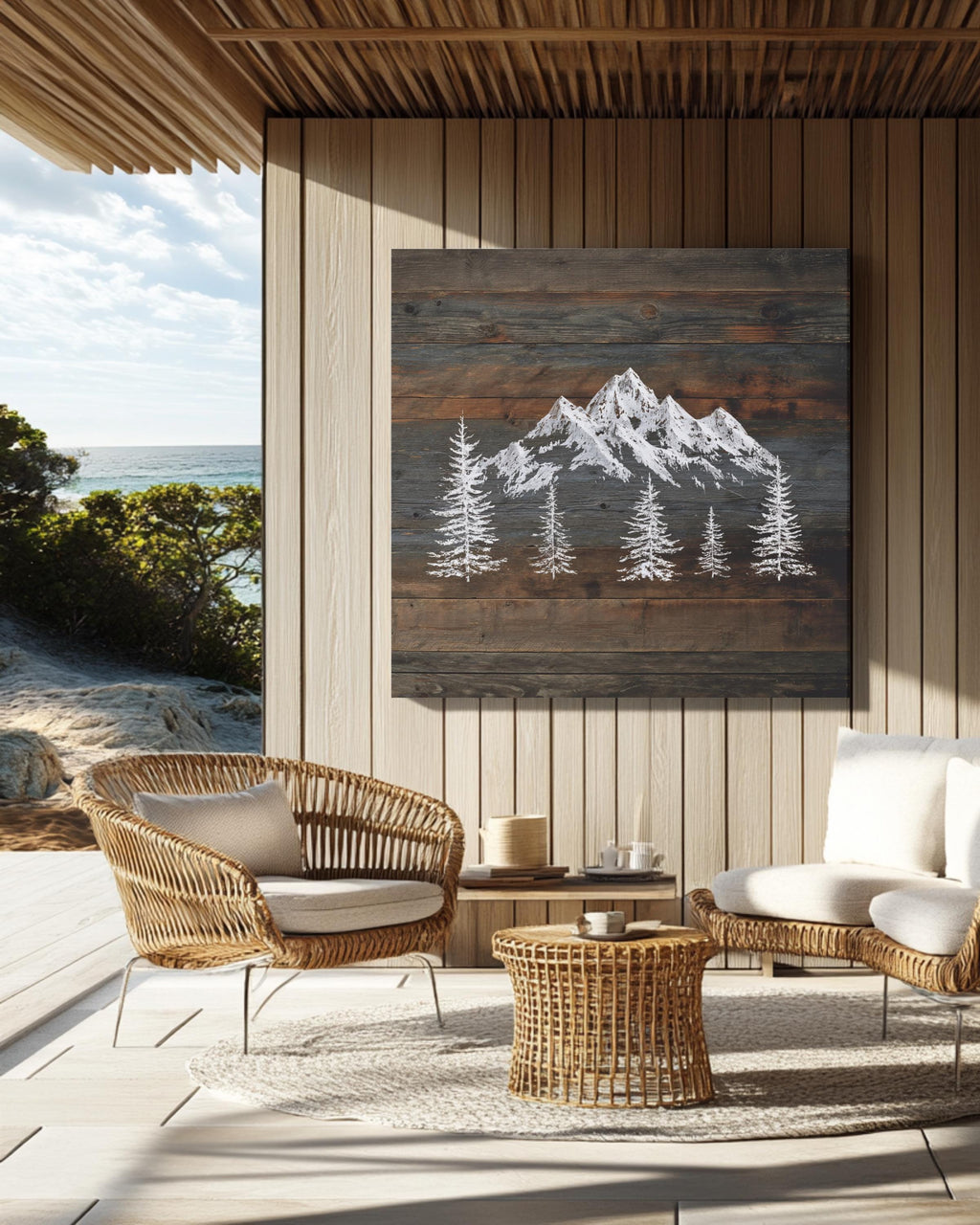 Rustic Mountain Wall Art, Snowy Peaks on Dark Wood