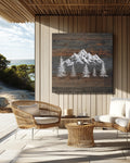 Rustic Mountain Wall Art, Snowy Peaks on Dark Wood
