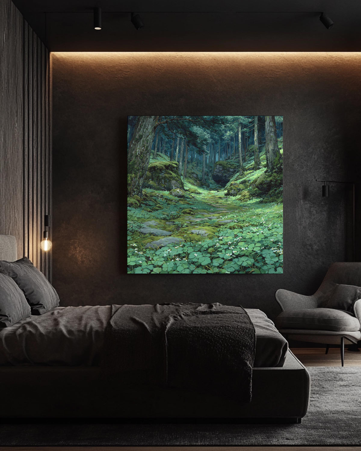 Enchanted Forest Path Wall Art Print, Serene Mossy Woodland Landscape, Lush Green Nature Poster Canvas