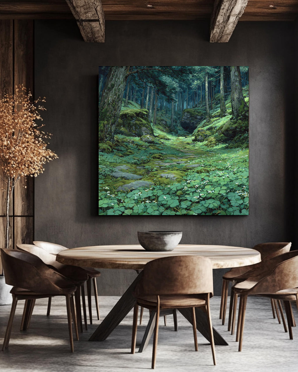 Enchanted Forest Path Wall Art Print, Serene Mossy Woodland Landscape, Lush Green Nature Poster Canvas