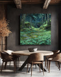 Enchanted Forest Path Wall Art Print, Serene Mossy Woodland Landscape, Lush Green Nature Poster Canvas